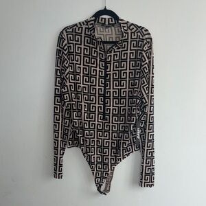 Geometric Patterned Black and Tan Bodysuit